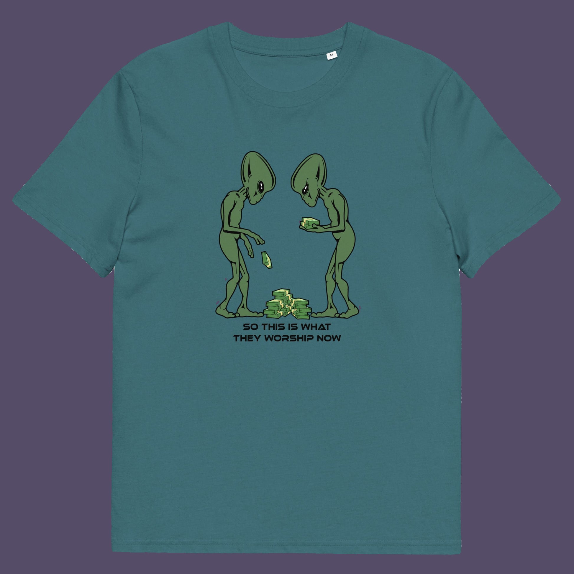 Light blue. This funny anti-capitalism t-shirt is for alien lovers, and depicts the disappointment of a civilisation now overly obsessed with money and greed. Is it any wonder the aliens have given up on us. Made from 100% organic ring-spun cotton, this social awareness/alien t-shirt is unisex, high-quality, super comfy, and best of all, eco-friendly.