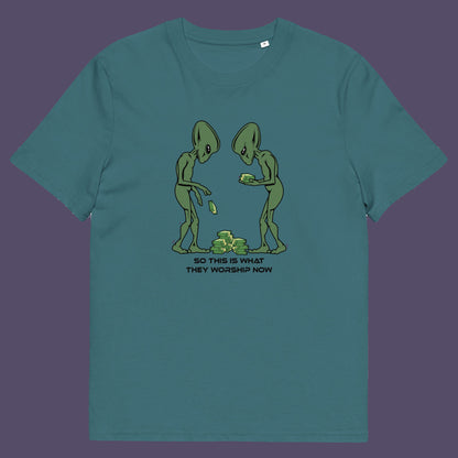 Light blue. This funny anti-capitalism t-shirt is for alien lovers, and depicts the disappointment of a civilisation now overly obsessed with money and greed. Is it any wonder the aliens have given up on us. Made from 100% organic ring-spun cotton, this social awareness/alien t-shirt is unisex, high-quality, super comfy, and best of all, eco-friendly.