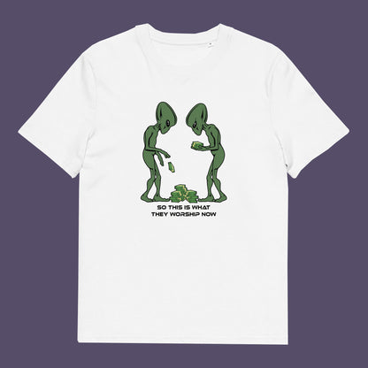 White t-shirt . This funny anti-capitalism t-shirt is for alien lovers, and depicts the disappointment of a civilisation now overly obsessed with money and greed. Is it any wonder the aliens have given up on us. Made from 100% organic ring-spun cotton, this social awareness/alien t-shirt is unisex, high-quality, super comfy, and best of all, eco-friendly.
