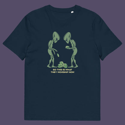 French navy t-shirt. This funny anti-capitalism t-shirt is for alien lovers, and depicts the disappointment of a civilisation now overly obsessed with money and greed. Is it any wonder the aliens have given up on us. Made from 100% organic ring-spun cotton, this social awareness/alien t-shirt is unisex, high-quality, super comfy, and best of all, eco-friendly.