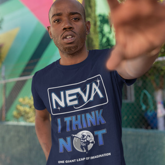 Man wearing a blue t-shirt with text and graphics, pointing forward with a colourful background. A conspiracy theory t-shirt design for all you die hard moon landing sceptics out there. Made from 100% organic ring-spun cotton, this witty conspiracy theory t-shirt is unisex, high-quality, super comfy, and best of all, eco-friendly.