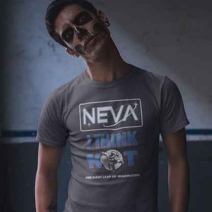 Person wearing a anthracite t-shirt with 'NEVA I THINK NOT' text and graphics. A conspiracy theory t-shirt design for all you die hard moon landing sceptics out there. Made from 100% organic ring-spun cotton, this witty conspiracy theory t-shirt is unisex, high-quality, super comfy, and best of all, eco-friendly.