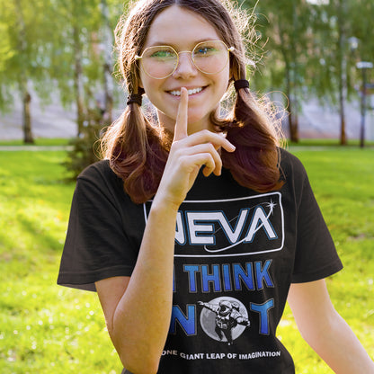 Person wearing a black t-shirt with text and graphics, standing outdoors in a park. A conspiracy theory t-shirt design for all you die hard moon landing sceptics out there. Made from 100% organic ring-spun cotton, this witty conspiracy theory t-shirt is unisex, high-quality, super comfy, and best of all, eco-friendly.