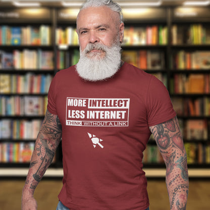Man wearing a burgundy t-shirt with text in a library setting. A social issues t shirt design exposing how lazy the internet has made our thought process. Think without a link and keep your brain alive, or end up just believing what you're told. Made from 100% organic ring-spun cotton, this intelligent t shirt design is unisex, high-quality, super comfy, and best of all, eco-friendly.
