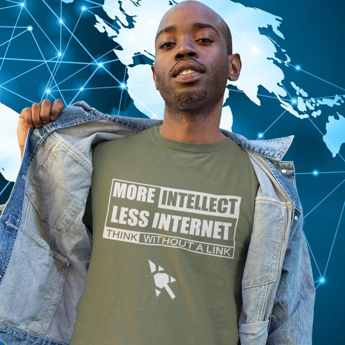 Man wearing a khaki t-shirt with text in front of a world map and network diagram background. A social issues t shirt design exposing how lazy the internet has made our thought process. Think without a link and keep your brain alive, or end up just believing what you're told. Made from 100% organic ring-spun cotton, this intelligent t shirt design is unisex, high-quality, super comfy, and best of all, eco-friendly.