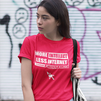Person wearing a red t-shirt with text in front of a graffiti-covered wall. A social issues t shirt design exposing how lazy the internet has made our thought process. Think without a link and keep your brain alive, or end up just believing what you're told. Made from 100% organic ring-spun cotton, this intelligent t shirt design is unisex, high-quality, super comfy, and best of all, eco-friendly.
