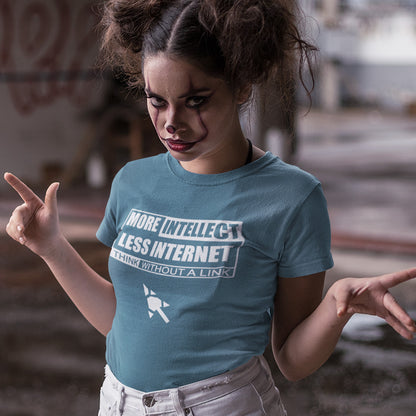 Woman wearing a stargazer t-shirt with text, pointing with one finger. A social issues t shirt design exposing how lazy the internet has made our thought process. Think without a link and keep your brain alive, or end up just believing what you're told. Made from 100% organic ring-spun cotton, this intelligent t shirt design is unisex, high-quality, super comfy, and best of all, eco-friendly.