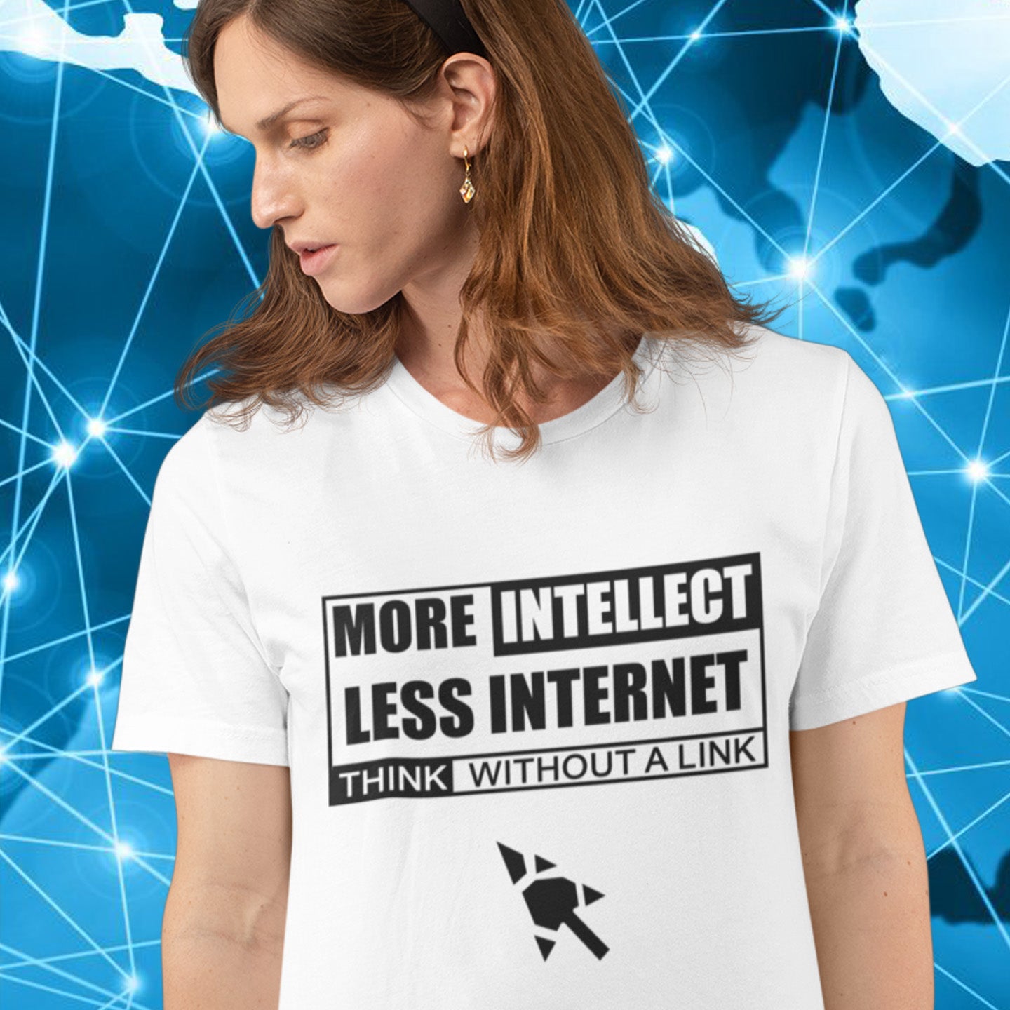 Woman wearing a white 'more intellect' t-shirt. A social issues t shirt design exposing how lazy the internet has made our thought process. Think without a link and keep your brain alive, or end up just believing what you're told. Made from 100% organic ring-spun cotton, this intelligent t shirt design is unisex, high-quality, super comfy, and best of all, eco-friendly.
