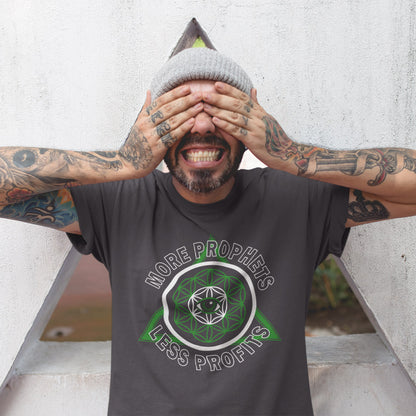 Man wearing a t-shirt with a graphic design and text, covering his face with his hands. This anti capitalism t shirt suggests we are following the wrong kind of profit. Society will never advance as a whole through greed but could really benefit from some ethical guidance. Made from 100% organic ring-spun cotton, this anti capitalist t shirt is unisex, high quality, super comfy, and best of all, eco-friendly.