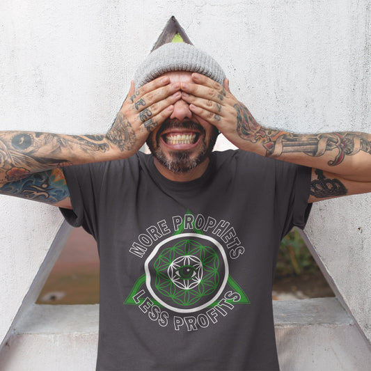 Man wearing a t-shirt with a graphic design and text, covering his face with his hands. This anti capitalism t shirt suggests we are following the wrong kind of profit. Society will never advance as a whole through greed but could really benefit from some ethical guidance. Made from 100% organic ring-spun cotton, this anti capitalist t shirt is unisex, high quality, super comfy, and best of all, eco-friendly.