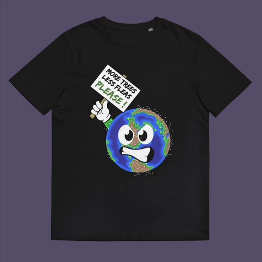 Black t-shirt. A save the planet t-shirt design satirically suggesting how the planet may feel about over-population and deforestation. A unique design for any climate concern demonstration, protest march or every day attitude. Made from 100% organic ring-spun cotton, this environmental t-shirt is unisex, high-quality, super comfy, and best of all, eco-friendly.