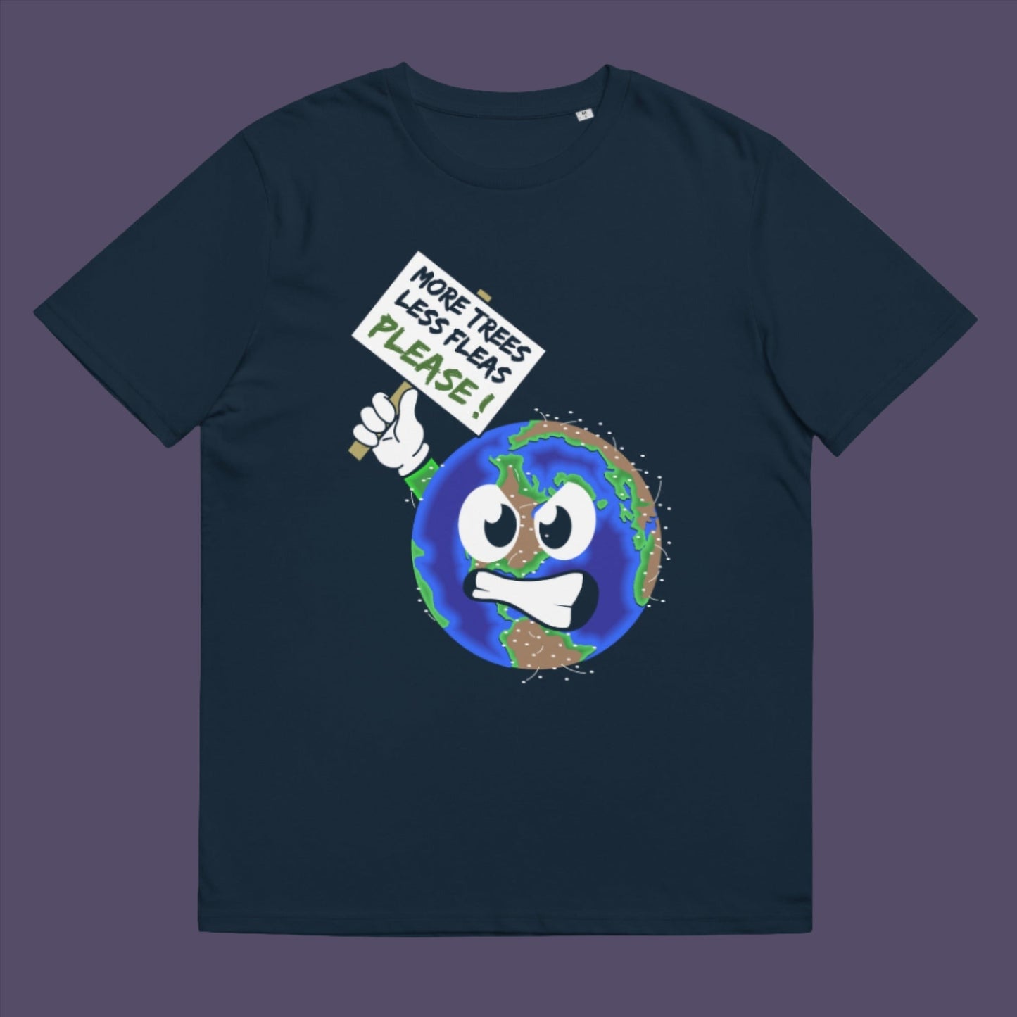 French navy t-shirt. A save the planet t-shirt design satirically suggesting how the planet may feel about over-population and deforestation. A unique design for any climate concern demonstration, protest march or every day attitude. Made from 100% organic ring-spun cotton, this environmental t-shirt is unisex, high-quality, super comfy, and best of all, eco-friendly.