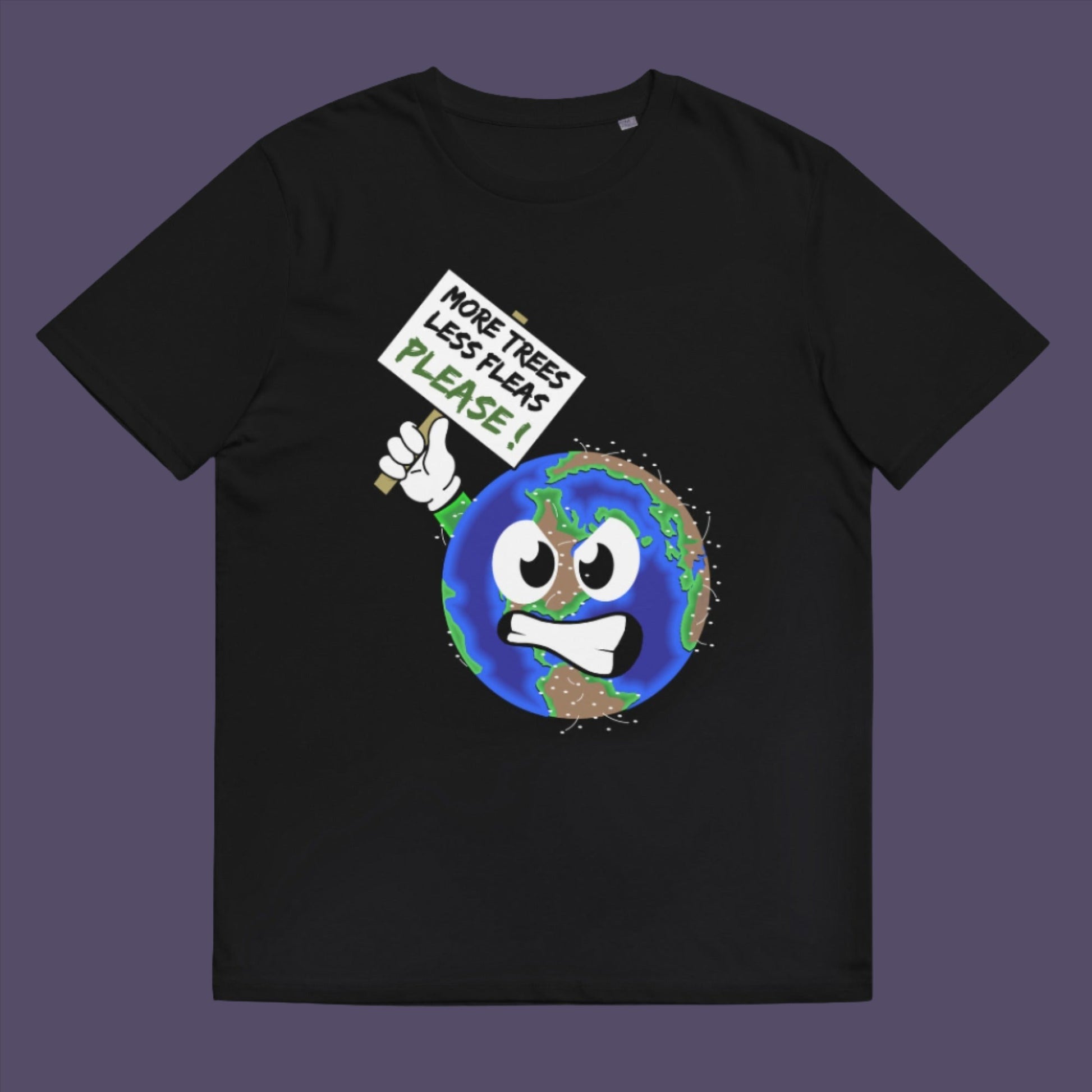 Black t-shirt. A save the planet t-shirt design satirically suggesting how the planet may feel about over-population and deforestation. A unique design for any climate concern demonstration, protest march or every day attitude. Made from 100% organic ring-spun cotton, this save the world t shirt is unisex, high-quality, super comfy, and best of all, eco-friendly.