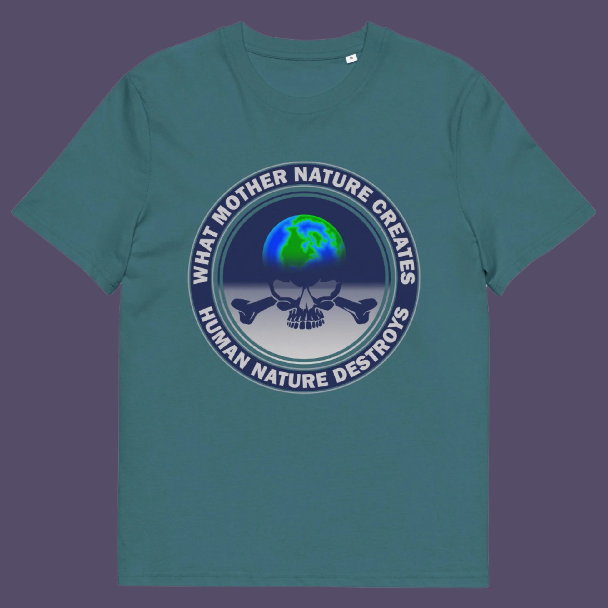 Light blue t-shirt. Mother nature vs. human nature. Climate concern at it's rawest. A design for all eco warriors who would love to save the planet. Made from 100% organic ring-spun cotton, this environmental awareness t-shirt is unisex, high-quality, super comfy, and best of all, eco-friendly.