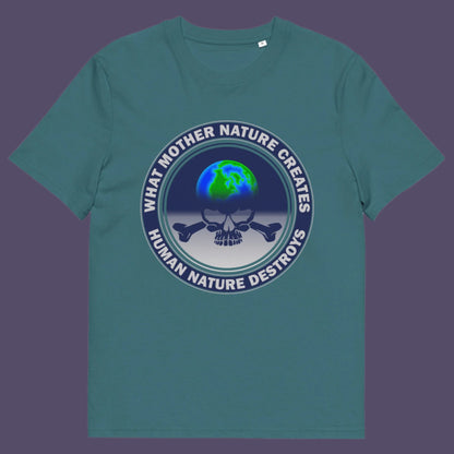 Light blue t-shirt. Mother nature vs. human nature. Climate concern at it's rawest. A design for all eco warriors who would love to save the planet. Made from 100% organic ring-spun cotton, this environmental awareness t-shirt is unisex, high-quality, super comfy, and best of all, eco-friendly.