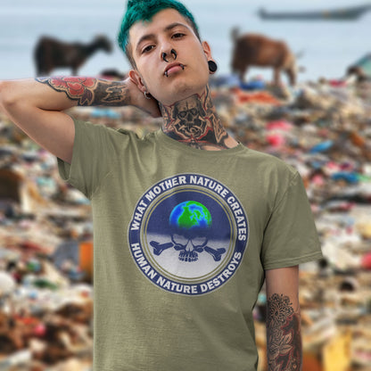 Person wearing a khaki t-shirt with a graphic design and text, standing in front of a blurred background. A save the world t shirt. Mother nature vs. human nature. Environmental concern at it's rawest. A design for all eco warriors who would love to save the planet. Made from 100% organic ring-spun cotton, this save the planet t shirt design is unisex, high-quality, super comfy, and best of all, eco-friendly.