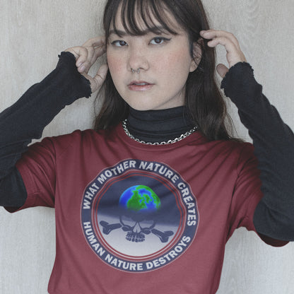 Person wearing a red t-shirt with a graphic design and text. Mother nature vs. human nature. Climate concern at it's rawest. A design for all eco warriors who would love to save the planet. Made from 100% organic ring-spun cotton, this environmental awareness t-shirt is unisex, high-quality, super comfy, and best of all, eco-friendly.