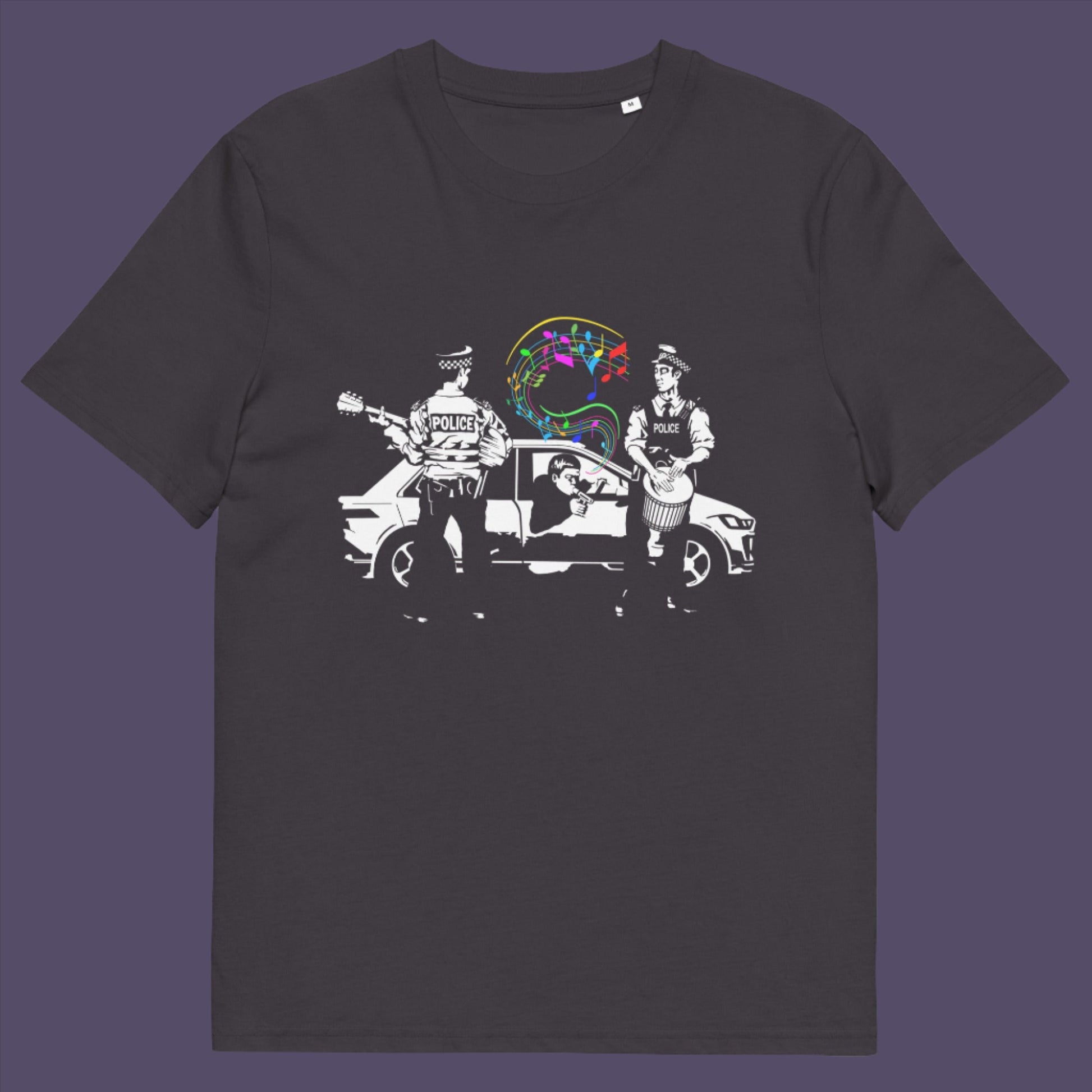 Anthracite t shirt. A witty stencil graffiti t shirt design depicting an alternative reality. We can only dream of the day the police pull you over to try out a new tune on the breathalyser. This is an urban art t shirt for people who think outside the box. Made from 100% organic ring-spun cotton, this funny stencil graffiti t shirt is unisex, high-quality, super comfy, and best of all, eco-friendly.