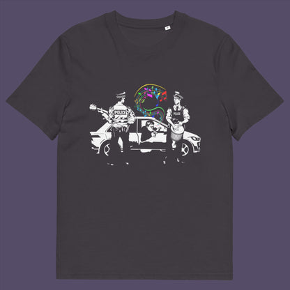 Anthracite t shirt. A witty stencil graffiti t shirt design depicting an alternative reality. We can only dream of the day the police pull you over to try out a new tune on the breathalyser. This is an urban art t shirt for people who think outside the box. Made from 100% organic ring-spun cotton, this funny stencil graffiti t shirt is unisex, high-quality, super comfy, and best of all, eco-friendly.