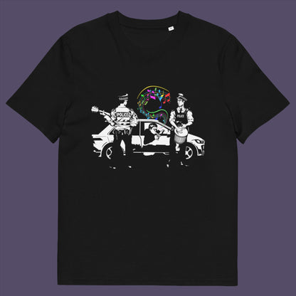 Black t-shirt. A witty stencil graffiti t shirt design depicting an alternative reality. We can only dream of the day the police pull you over to try out a new tune on the breathalyser. This is an urban art t shirt for people who think outside the box. Made from 100% organic ring-spun cotton, this funny stencil graffiti t shirt is unisex, high-quality, super comfy, and best of all, eco-friendly.