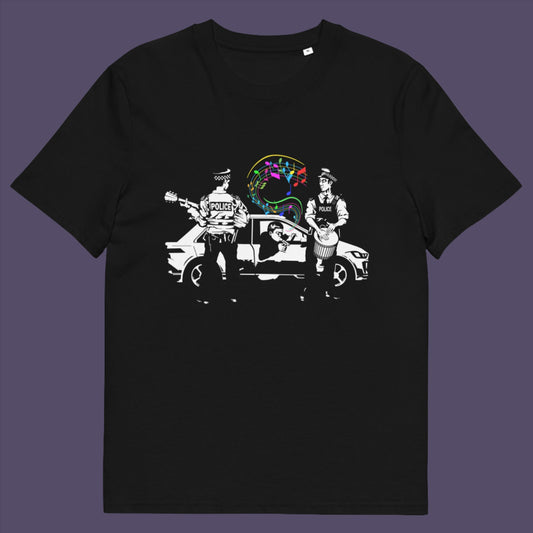 Black t-shirt. A witty stencil graffiti t shirt design depicting an alternative reality. We can only dream of the day the police pull you over to try out a new tune on the breathalyser. This is an urban art t shirt for people who think outside the box. Made from 100% organic ring-spun cotton, this funny stencil graffiti t shirt is unisex, high-quality, super comfy, and best of all, eco-friendly.