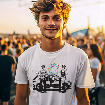 Man wearing a white t-shirt with graphic design in a crowd. A witty stencil graffiti t shirt design depicting an alternative reality. We can only dream of the day the police pull you over to try out a new tune on the breathalyser. This is an urban art t shirt for people who think outside the box. Made from 100% organic ring-spun cotton, this funny stencil graffiti t shirt is unisex, high-quality, super comfy, and best of all, eco-friendly.