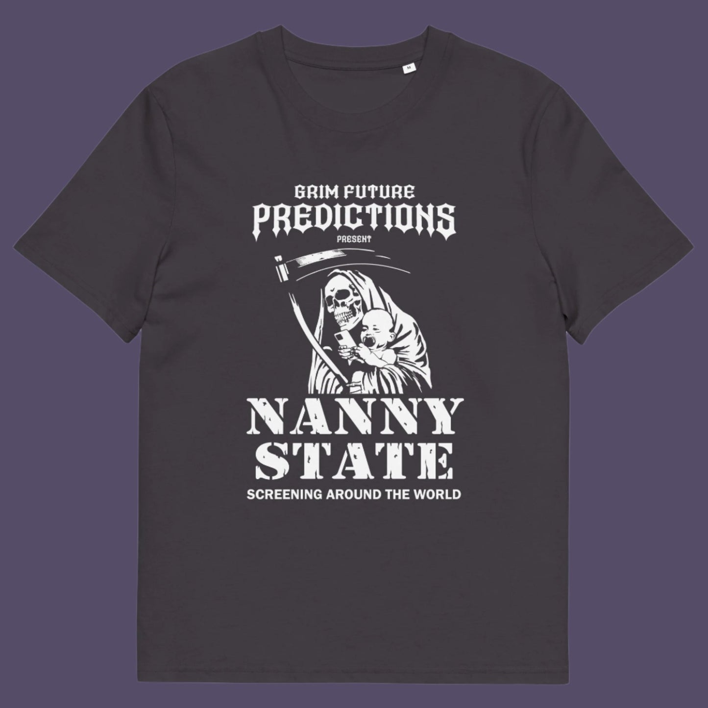 Anthracite t shirt. A humorous anti government t shirt design in a B rate horror movie style. If you believe the level of government control over citizens, helped by the mobile phone, has become that of a nanny state, show your protest with this highly satirical spoof movie poster design Made from 100% organic ring-spun cotton, this civil rights t shirt is unisex, high-quality, super comfy, and best of all, eco-friendly.