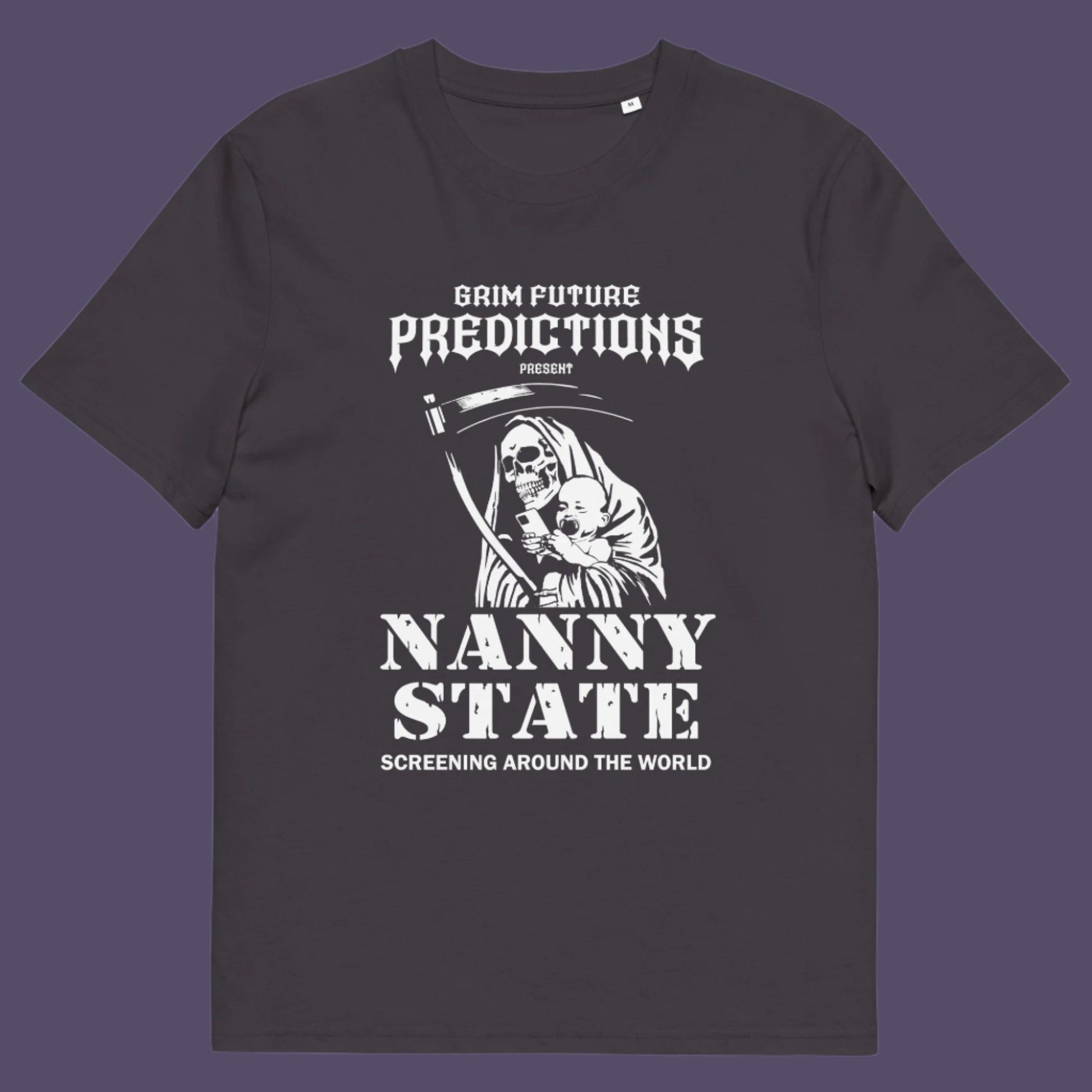 Anthracite t shirt. A humorous anti government t shirt design in a B rate horror movie style. If you believe the level of government control over citizens, helped by the mobile phone, has become that of a nanny state, show your protest with this highly satirical spoof movie poster design Made from 100% organic ring-spun cotton, this civil rights t shirt is unisex, high-quality, super comfy, and best of all, eco-friendly.