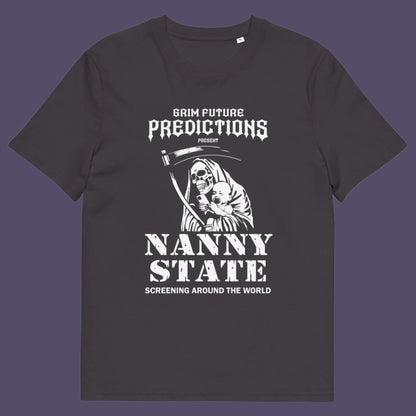 Anthracite t shirt. A humorous anti government t shirt design in a B rate horror movie style. If you believe the level of government control over citizens, helped by the mobile phone, has become that of a nanny state, show your protest with this highly satirical spoof movie poster design Made from 100% organic ring-spun cotton, this civil rights t shirt is unisex, high-quality, super comfy, and best of all, eco-friendly.
