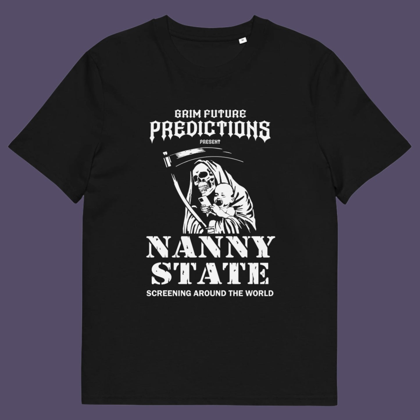 Black t shirt. A humorous anti government t shirt design in a B rate horror movie style. If you believe the level of government control over citizens, helped by the mobile phone, has become that of a nanny state, show your protest with this highly satirical spoof movie poster design Made from 100% organic ring-spun cotton, this civil rights t shirt is unisex, high-quality, super comfy, and best of all, eco-friendly.