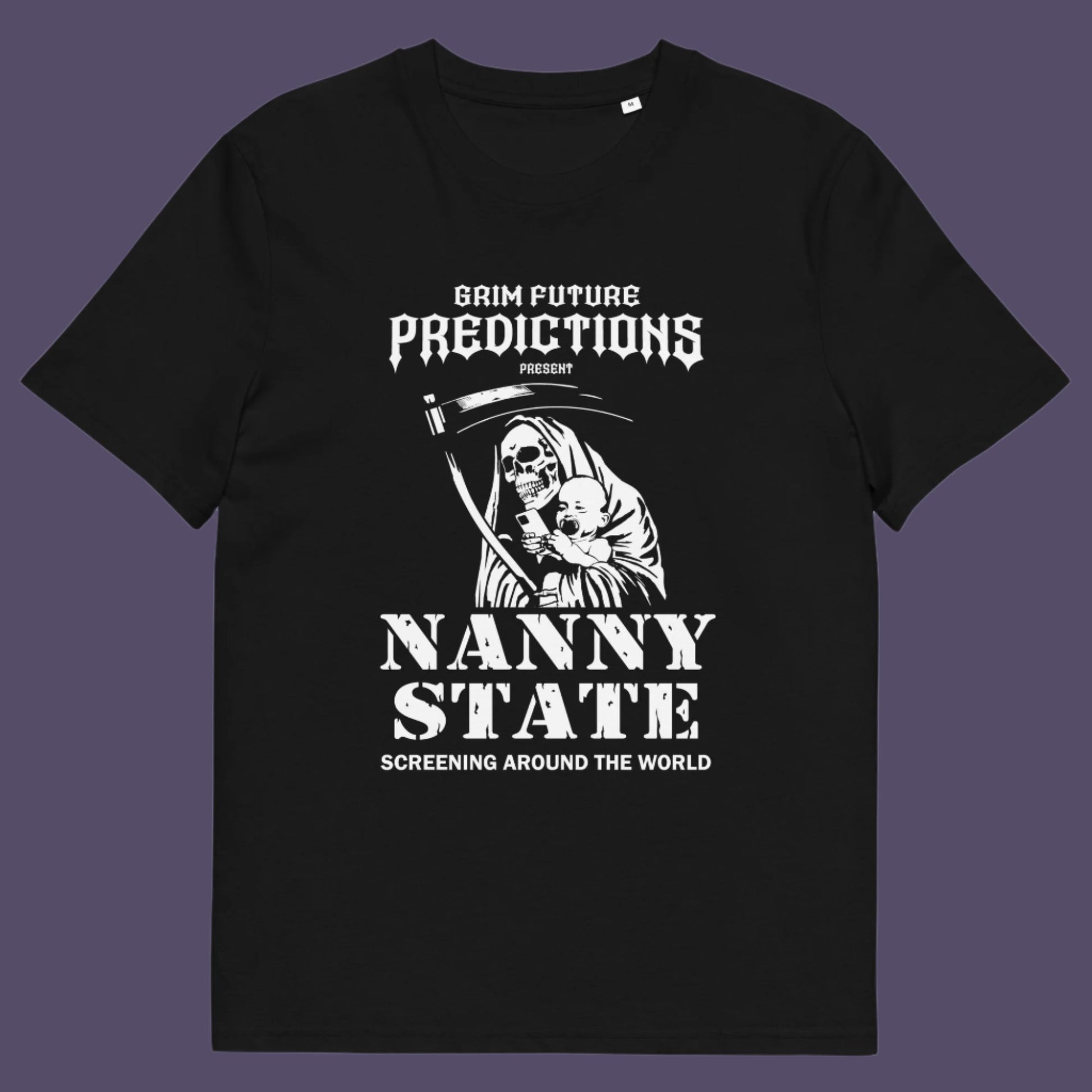 Black t shirt. A humorous anti government t shirt design in a B rate horror movie style. If you believe the level of government control over citizens, helped by the mobile phone, has become that of a nanny state, show your protest with this highly satirical spoof movie poster design Made from 100% organic ring-spun cotton, this civil rights t shirt is unisex, high-quality, super comfy, and best of all, eco-friendly.