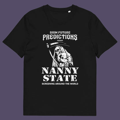 Black t shirt. A humorous anti government t shirt design in a B rate horror movie style. If you believe the level of government control over citizens, helped by the mobile phone, has become that of a nanny state, show your protest with this highly satirical spoof movie poster design Made from 100% organic ring-spun cotton, this civil rights t shirt is unisex, high-quality, super comfy, and best of all, eco-friendly.