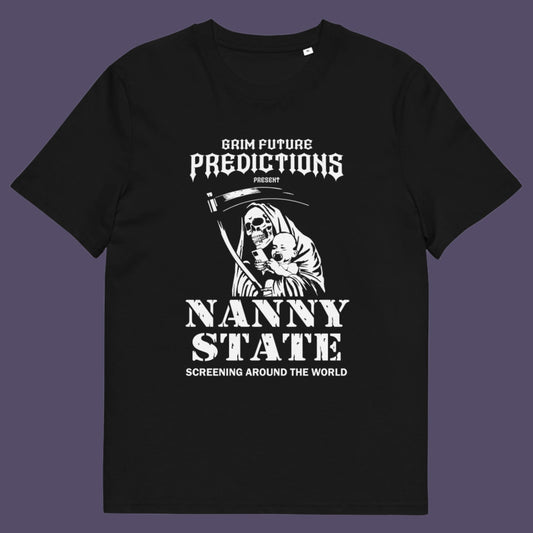 Black t shirt. A humorous anti government t shirt design in a B rate horror movie style. If you believe the level of government control over citizens, helped by the mobile phone, has become that of a nanny state, show your protest with this highly satirical spoof movie poster design Made from 100% organic ring-spun cotton, this civil rights t shirt is unisex, high-quality, super comfy, and best of all, eco-friendly.