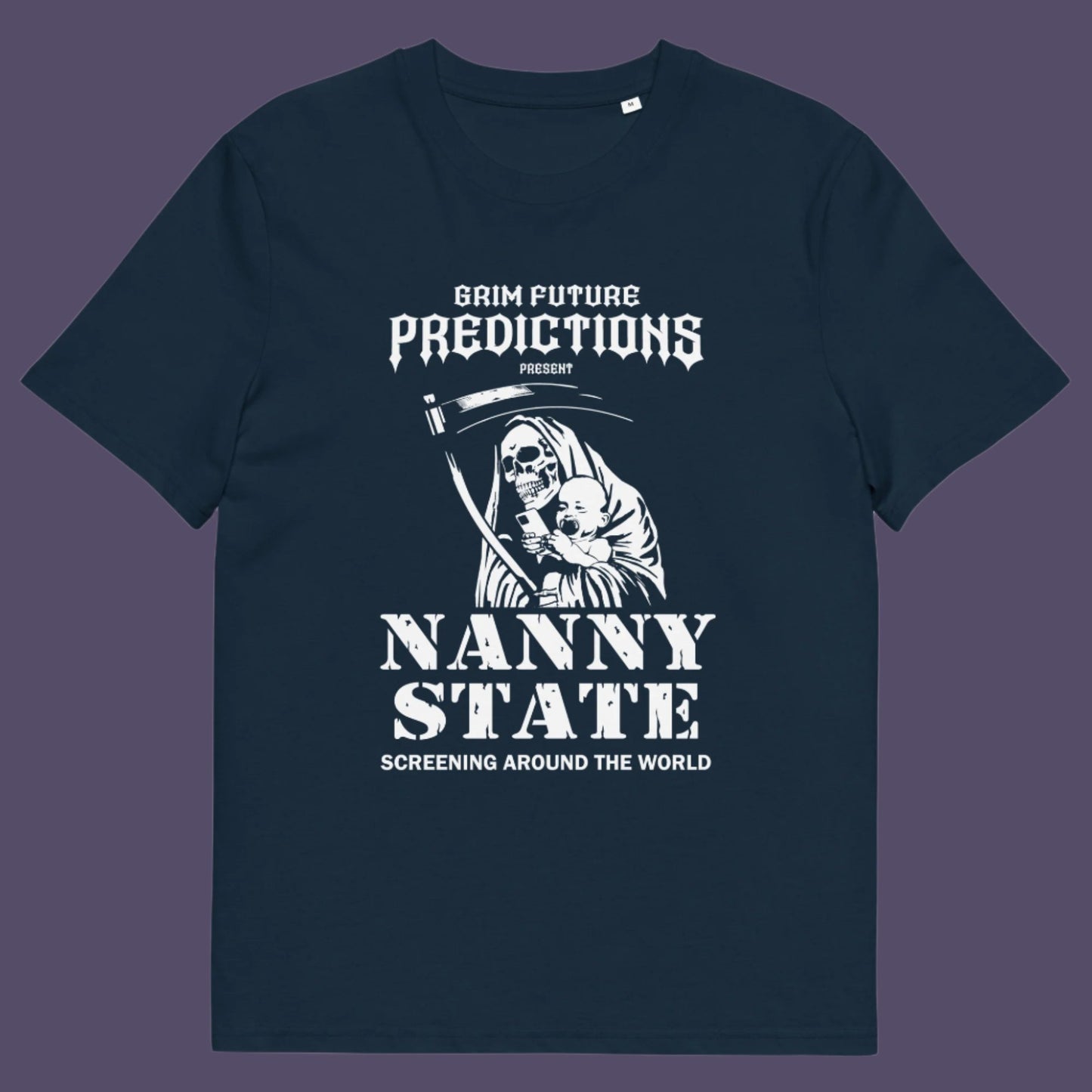 French navy t shirt. A humorous anti government t shirt design in a B rate horror movie style. If you believe the level of government control over citizens, helped by the mobile phone, has become that of a nanny state, show your protest with this highly satirical spoof movie poster design Made from 100% organic ring-spun cotton, this civil rights t shirt is unisex, high-quality, super comfy, and best of all, eco-friendly.