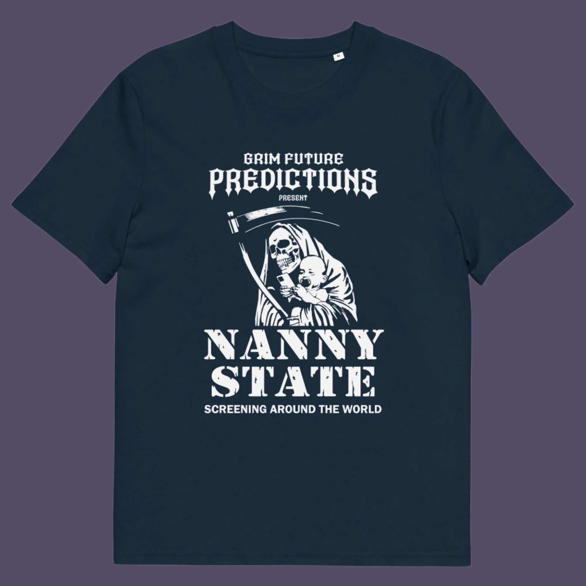 French navy t shirt. A humorous anti government t shirt design in a B rate horror movie style. If you believe the level of government control over citizens, helped by the mobile phone, has become that of a nanny state, show your protest with this highly satirical spoof movie poster design Made from 100% organic ring-spun cotton, this civil rights t shirt is unisex, high-quality, super comfy, and best of all, eco-friendly.