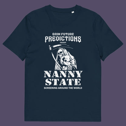 French navy t shirt. A humorous anti government t shirt design in a B rate horror movie style. If you believe the level of government control over citizens, helped by the mobile phone, has become that of a nanny state, show your protest with this highly satirical spoof movie poster design Made from 100% organic ring-spun cotton, this civil rights t shirt is unisex, high-quality, super comfy, and best of all, eco-friendly.