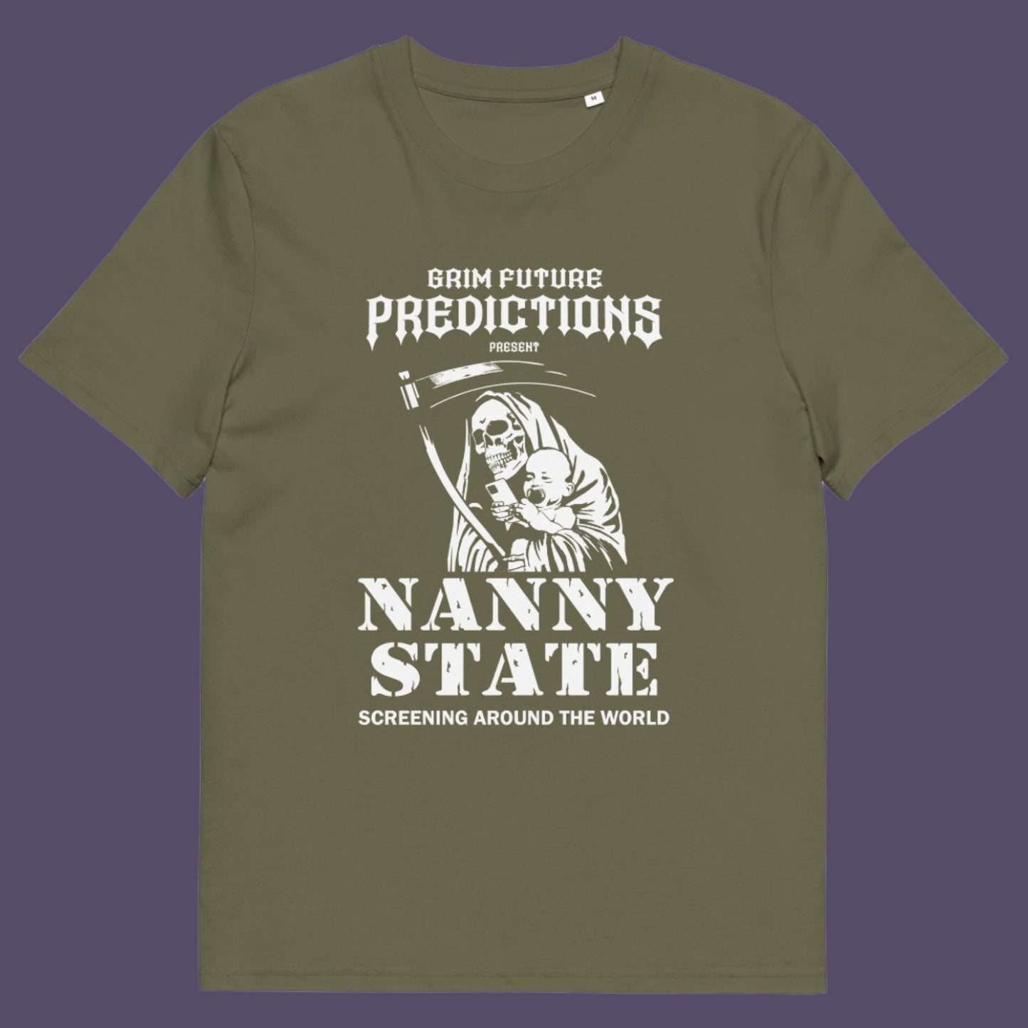 Khaki t shirt. A humorous anti government t shirt design in a B rate horror movie style. If you believe the level of government control over citizens, helped by the mobile phone, has become that of a nanny state, show your protest with this highly satirical spoof movie poster design Made from 100% organic ring-spun cotton, this civil rights t shirt is unisex, high-quality, super comfy, and best of all, eco-friendly.