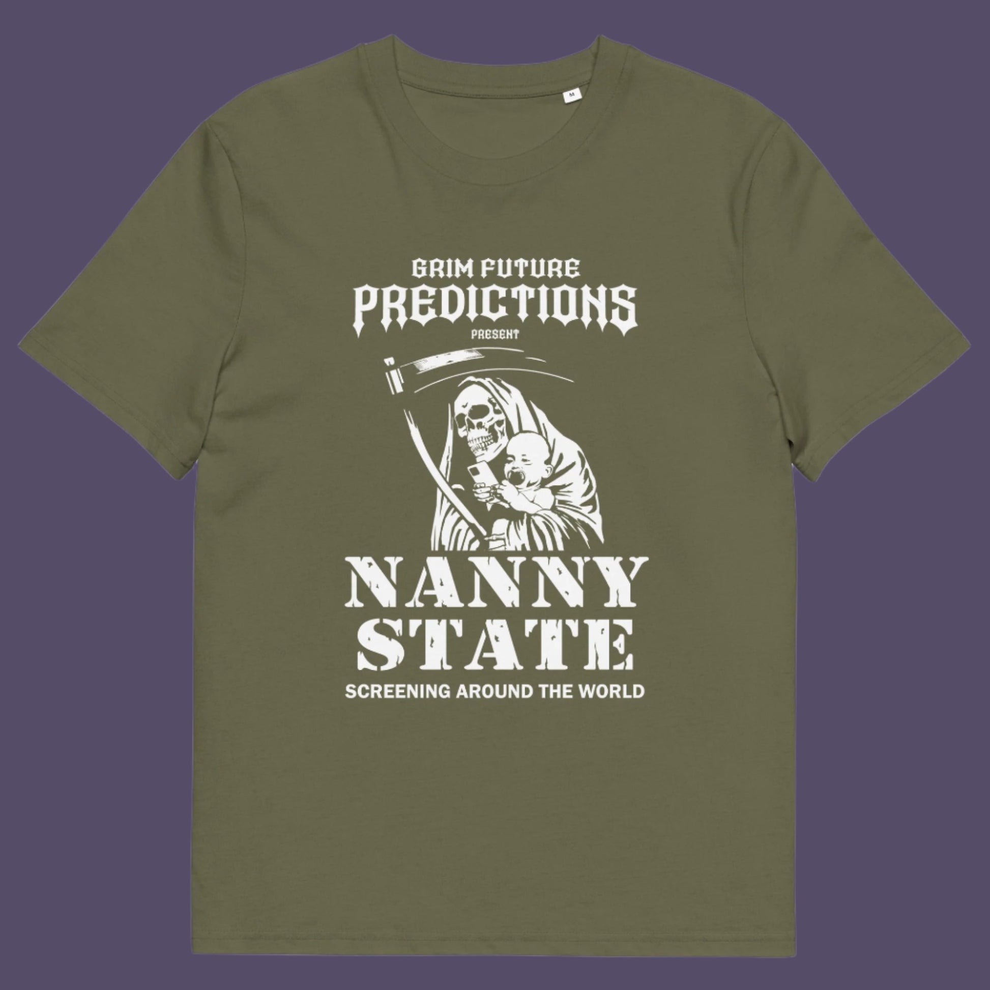 Khaki t shirt. A humorous anti government t shirt design in a B rate horror movie style. If you believe the level of government control over citizens, helped by the mobile phone, has become that of a nanny state, show your protest with this highly satirical spoof movie poster design Made from 100% organic ring-spun cotton, this civil rights t shirt is unisex, high-quality, super comfy, and best of all, eco-friendly.