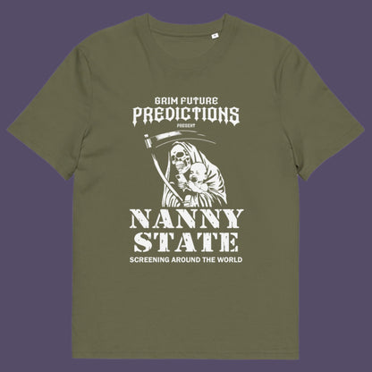 Khaki t shirt. A humorous anti government t shirt design in a B rate horror movie style. If you believe the level of government control over citizens, helped by the mobile phone, has become that of a nanny state, show your protest with this highly satirical spoof movie poster design Made from 100% organic ring-spun cotton, this civil rights t shirt is unisex, high-quality, super comfy, and best of all, eco-friendly.