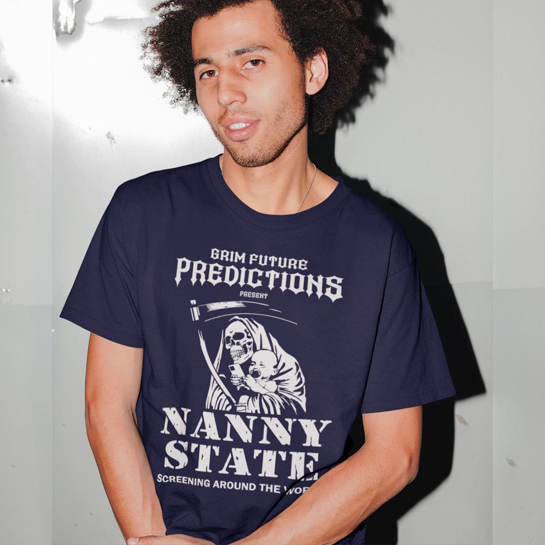 A man wearing a navy blue graphic t-shirt with a white print that reads 'BRIM FUTURE PREDICTIONS PRESENT NANNY STATE.