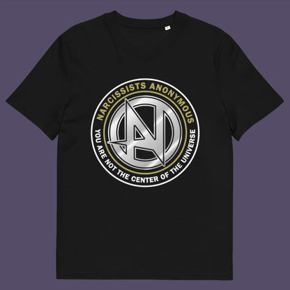 Black t-shirt A satirical t-shirt design suggesting narcissism is an illness in need of treatment. Wouldn't it be good if there was a place narcissists could go to get therapy and support for their disease. Made from 100% organic ring-spun cotton, this emotional intelligence t-shirt is unisex, high-quality, super comfy, and best of all, eco-friendly.