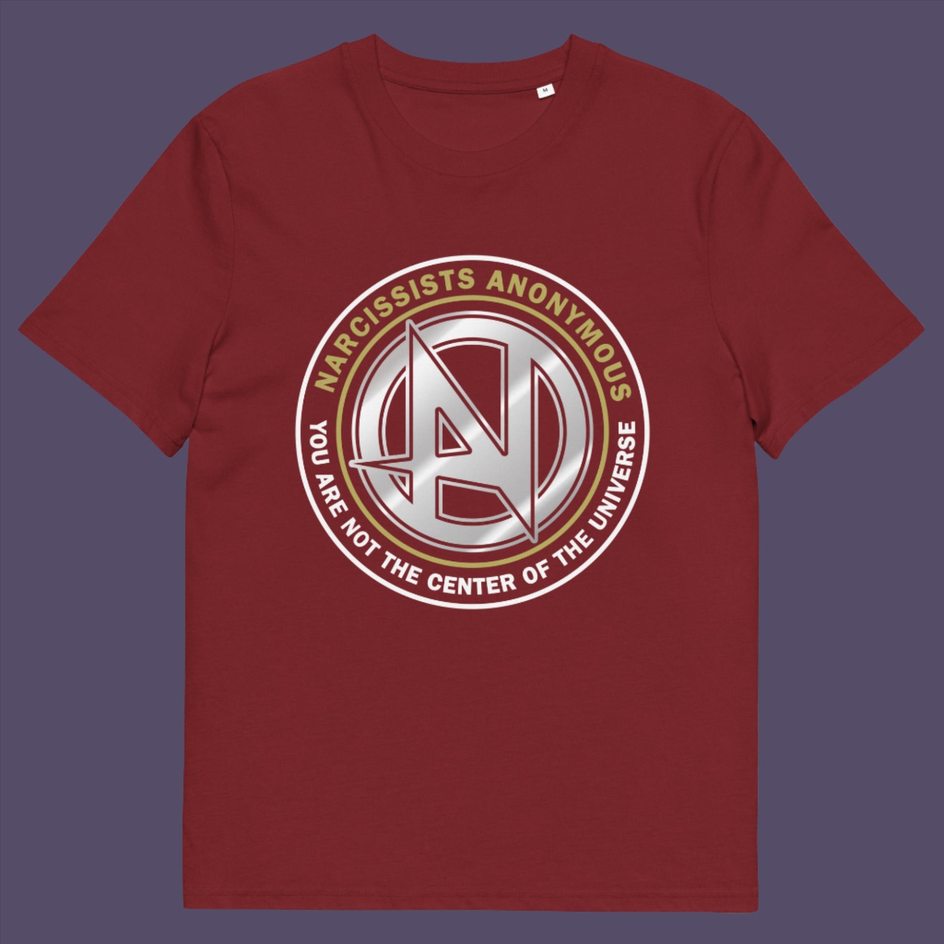 Burgundy t-shirt. A satirical t-shirt design suggesting narcissism is an illness in need of treatment. Wouldn't it be good if there was a place narcissists could go to get therapy and support for their disease. Made from 100% organic ring-spun cotton, this emotional intelligence t-shirt is unisex, high-quality, super comfy, and best of all, eco-friendly.