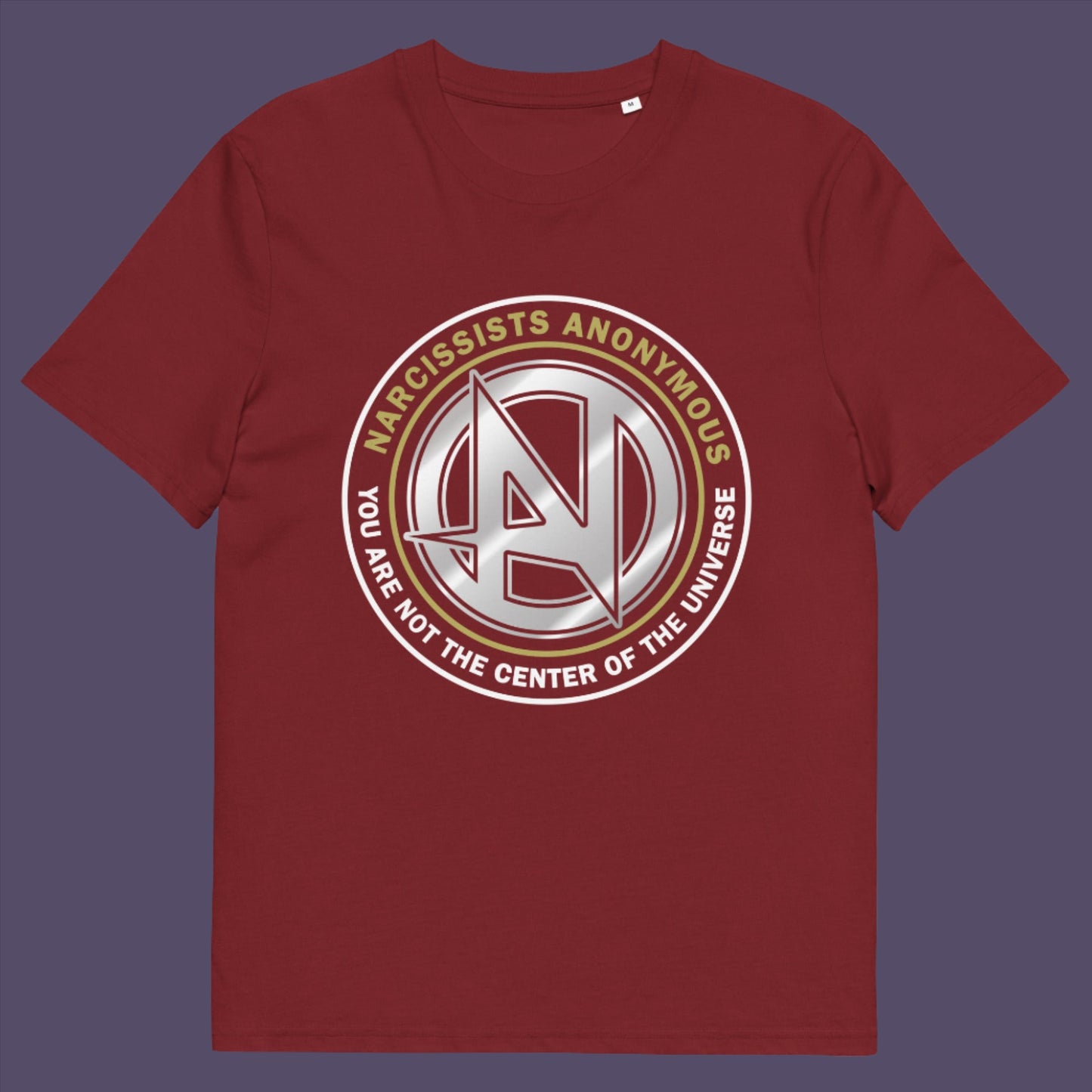 Burgundy t-shirt. A satirical counter culture t shirt design suggesting narcissism is an illness in need of treatment. Wouldn't it be good if there was a place narcissists could go to get therapy and support for their disease. Made from 100% organic ring-spun cotton, this emotional intelligence t-shirt is unisex, high-quality, super comfy, and best of all, eco-friendly.