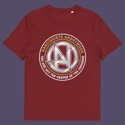 Burgundy t-shirt. A satirical counter culture t shirt design suggesting narcissism is an illness in need of treatment. Wouldn't it be good if there was a place narcissists could go to get therapy and support for their disease. Made from 100% organic ring-spun cotton, this emotional intelligence t-shirt is unisex, high-quality, super comfy, and best of all, eco-friendly.