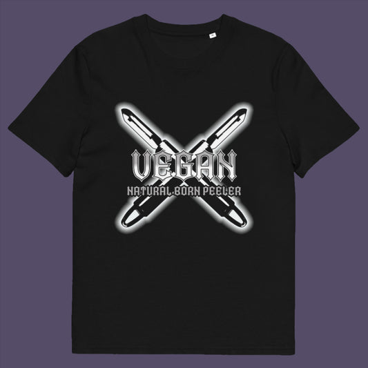 Black t-shirt. A funny vegan t-shirt with menace. A tribute to the number one weapon of choice for a planet lover. A unique dairy free design for all plant based warriors. Made from 100% organic ring-spun cotton, this vegan t-shirt is unisex, high-quality, super comfy, and best of all, eco-friendly.