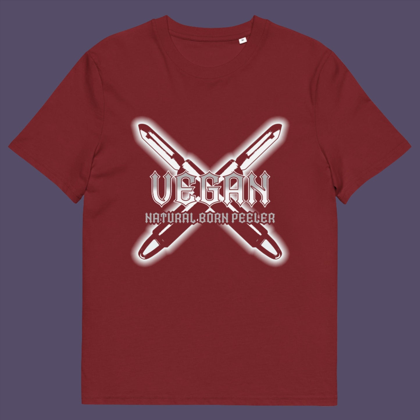 Burgundy t-shirt. A funny vegan t-shirt with menace. A tribute to the number one weapon of choice for a planet lover. A unique dairy free design for all plant based warriors. Made from 100% organic ring-spun cotton, this vegan t-shirt is unisex, high-quality, super comfy, and best of all, eco-friendly.