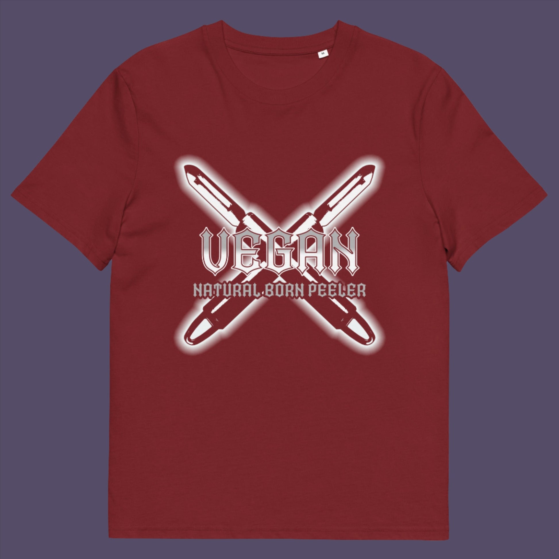 Burgundy t-shirt. A funny vegan t-shirt with menace. A tribute to the number one weapon of choice for a planet lover. A unique dairy free design for all plant based warriors. Made from 100% organic ring-spun cotton, this vegan t-shirt is unisex, high-quality, super comfy, and best of all, eco-friendly.