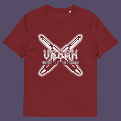 Burgundy t-shirt. A funny vegan t-shirt with menace. A tribute to the number one weapon of choice for a planet lover. A unique dairy free design for all plant based warriors. Made from 100% organic ring-spun cotton, this vegan t-shirt is unisex, high-quality, super comfy, and best of all, eco-friendly.