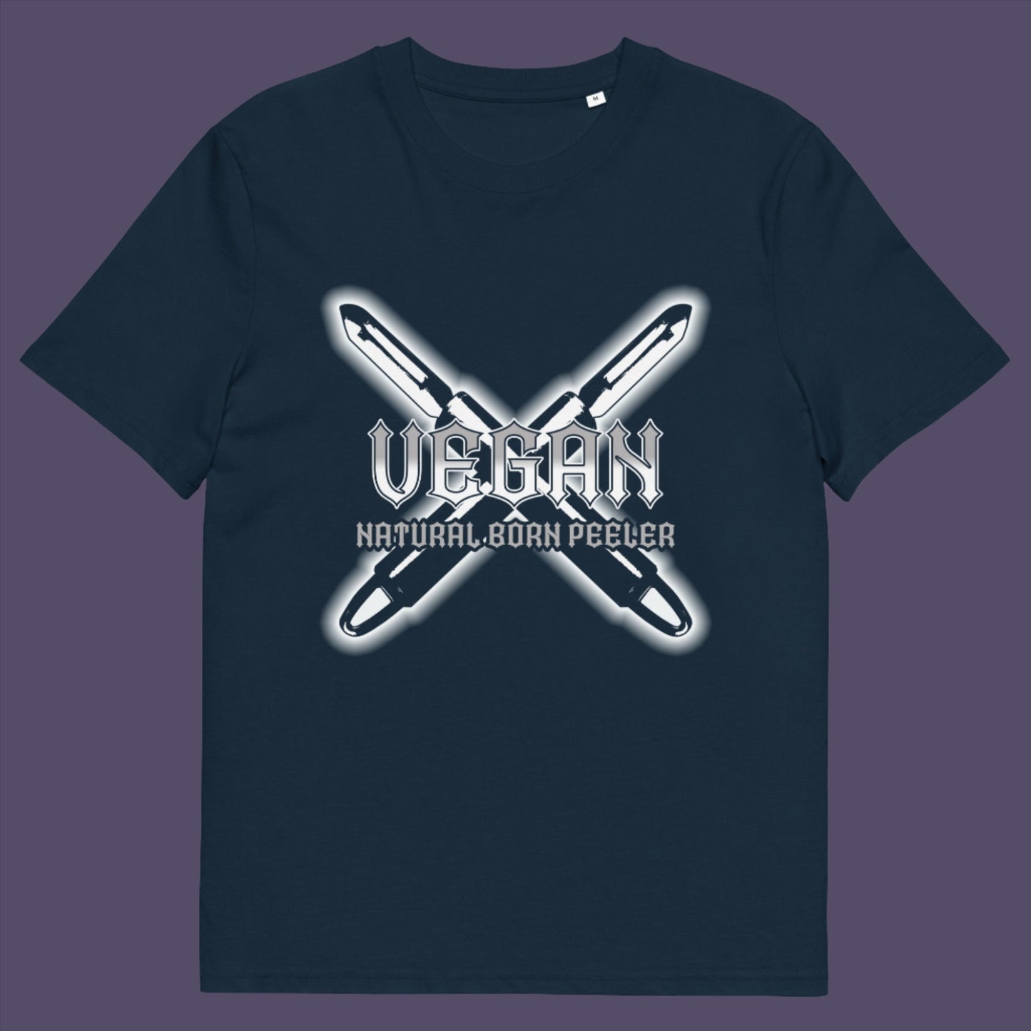 French navy t-shirt. A funny vegan t-shirt with menace. A tribute to the number one weapon of choice for a planet lover. A unique dairy free design for all plant based warriors. Made from 100% organic ring-spun cotton, this vegan t-shirt is unisex, high-quality, super comfy, and best of all, eco-friendly.