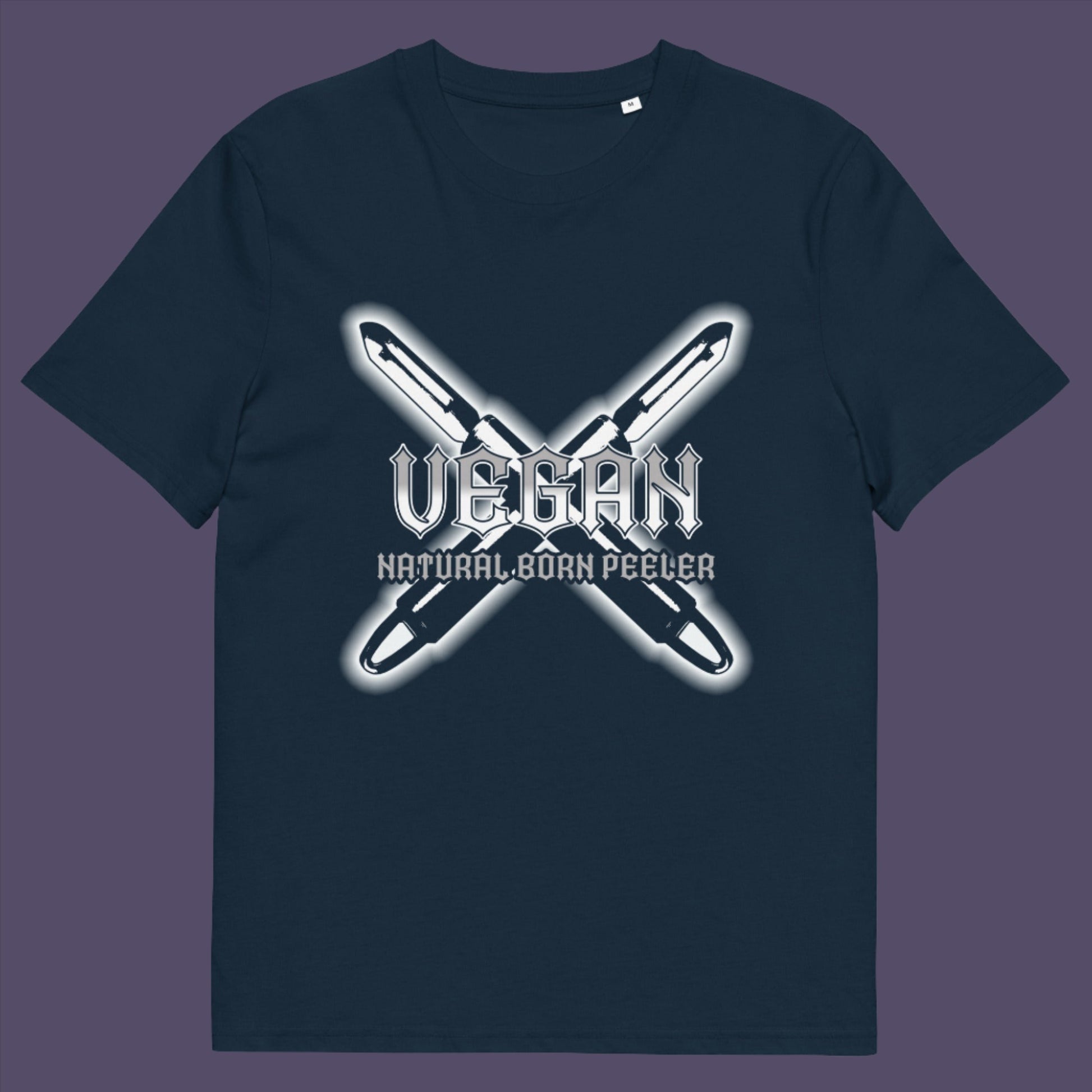 French navy t-shirt. A funny vegan t-shirt with menace. A tribute to the number one weapon of choice for a planet lover. A unique dairy free design for all plant based warriors. Made from 100% organic ring-spun cotton, this vegan t-shirt is unisex, high-quality, super comfy, and best of all, eco-friendly.